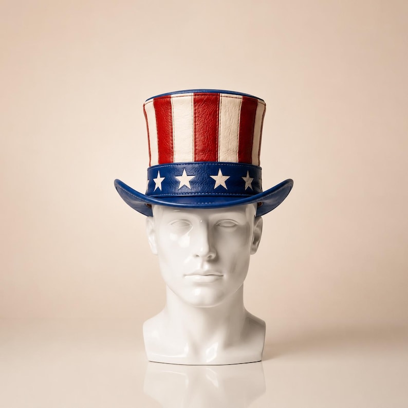 May include: A patriotic Uncle Sam hat, featuring red and white vertical stripes on the crown and a blue brim adorned with white stars. The hat is displayed on a white mannequin head, set against a neutral background.