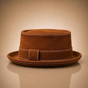 May include: A brown suede hat with a flat top and brim. The hat features a band around the crown and white stitching details. The hat is a classic style, suitable for various occasions.