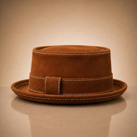 Suede Leather Pork Pie Hat Mens Womens Leather Fedora Hat Vintage Short Brim Hat Classic Dress Hat Handmade Leather Hat