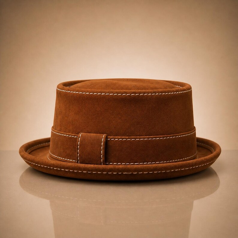 May include: A brown suede hat with a flat top and brim. The hat features a band around the crown and white stitching details. The hat is a classic style, suitable for various occasions.