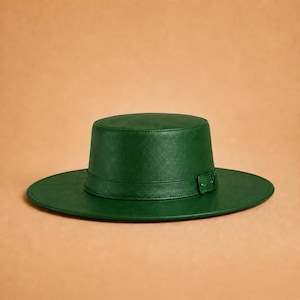 Leather Wide Brim Hat for Men Women, Green Rancher Hat, Western Cowboy Hat, Festival Hat, Boho Fedora Style Hat