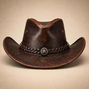 Handgjord cowboyhatt i läder, sliten westernhatt för män och kvinnor, vintage cowgirlhatt, ranchhatt i äkta läder, bred brätte Dark Brown