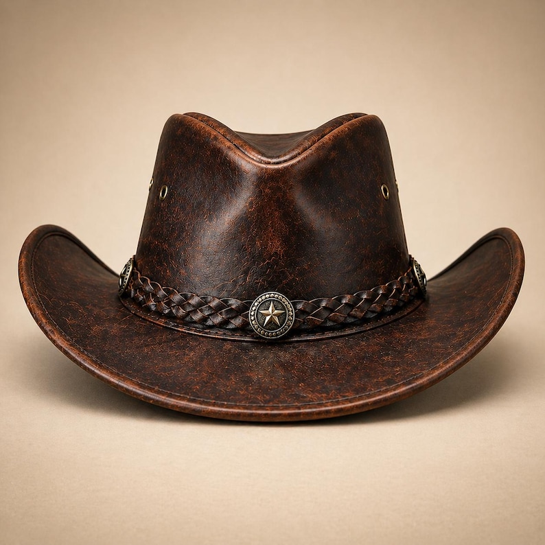 Handgjord cowboyhatt i läder, sliten westernhatt för män och kvinnor, vintage cowgirlhatt, ranchhatt i äkta läder, bred brätte Dark Brown