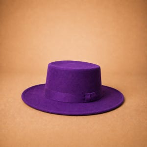 Suede Leather Flat Top Hat, Wide Brim Rancher Hat, Western Fedora Hat, Handmade Gaucho Hat, Unisex Cowboy Hat Purple