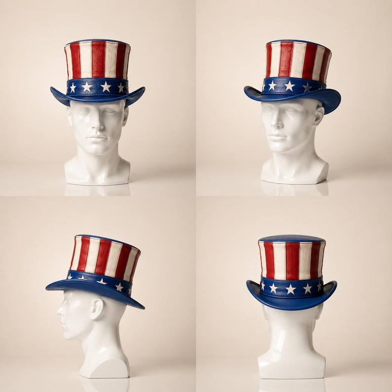 May include: A patriotic Uncle Sam hat with a blue brim and crown, adorned with white stars. The hat features red and white vertical stripes. The hat is displayed on a white mannequin head, showcasing the design from multiple angles.