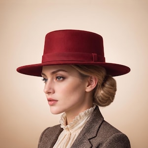 Wide Brim Wool Fedora Hat for Women, Burgundy Felt Hat, Flat Crown Ranch Hat, Victorian Inspired Hat, Handmade Statement Hat