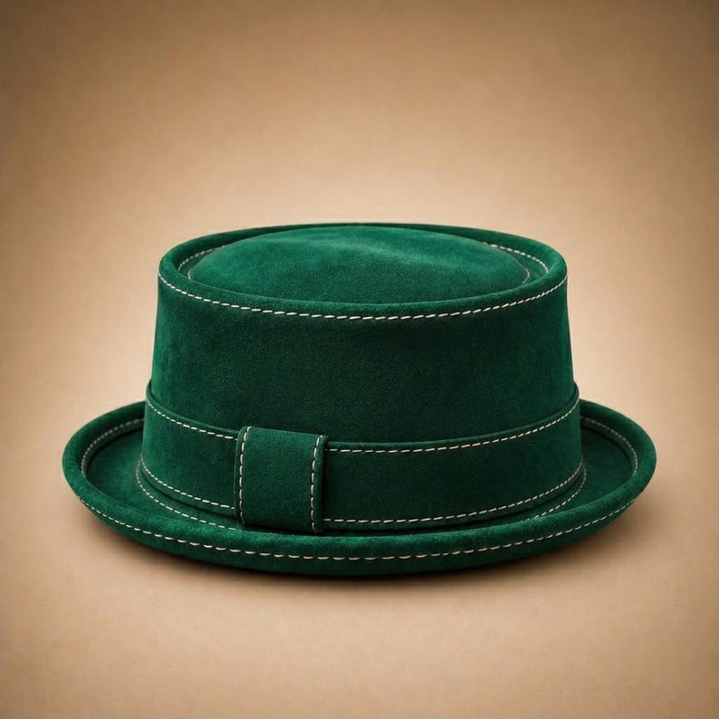 May include: A dark green hat with a flat top and brim. The hat features a band around the crown and brim, and is accented with white stitching. The hat is a classic style, suitable for various occasions.