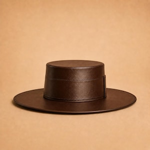 Leather Flat Top Hat for Women, Wide Brim Leather Hat, Western Gaucho Hat, Handmade Rancher Hat, Fashion Hat
