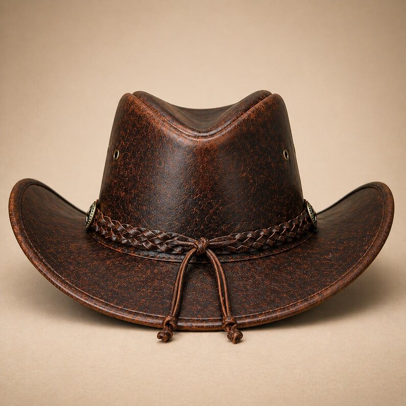 Handgjord cowboyhatt i läder, sliten westernhatt för män och kvinnor, vintage cowgirlhatt, ranchhatt i äkta läder, bred brätte bild 2