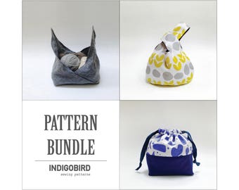 DIY Sewing pattern bundle, Knitting Bag, Project Bag, Knot Bag, Drawstring bag, bento bag, Leah drawstring bag