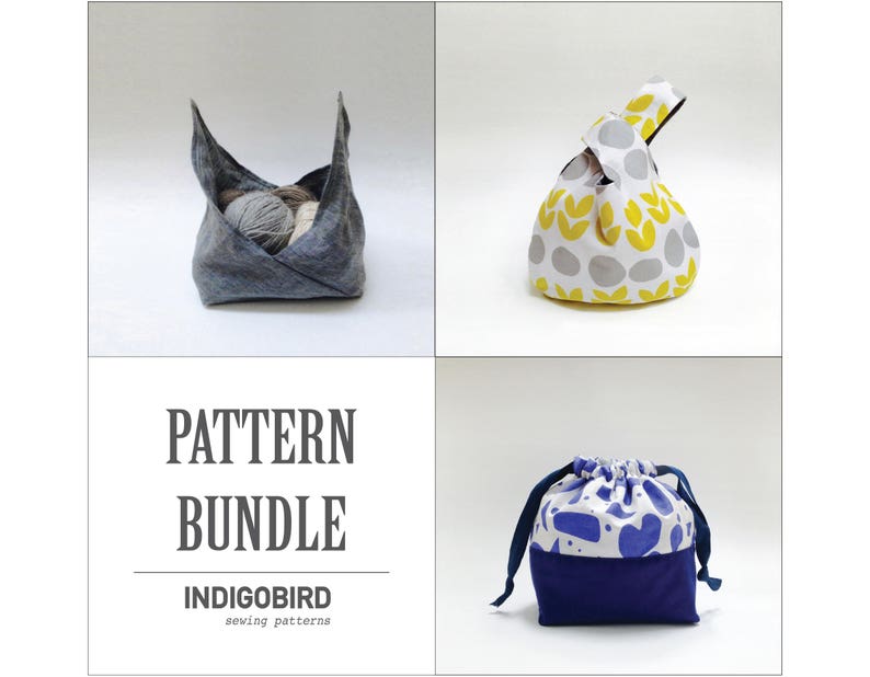 Puede incluir: Un conjunto de tres patrones de costura para bolsos. Los patrones son para un bolso de tela gris, un bolso de tela blanco y amarillo con asa anudada y un bolso de cord&oacute;n de tela blanco y azul. Los patrones son de IndigoBird sewing patterns.