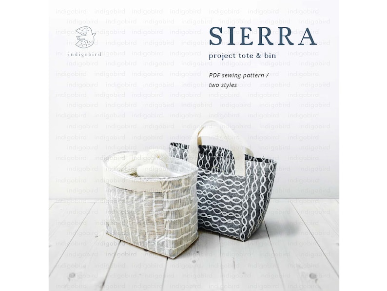 May include: A sewing pattern for a tote bag and a bin, called "SIERRA project tote & bin". The pattern includes two styles, and is available as a PDF download. The image shows a white tote bag with a black and white geometric pattern, and a black tote bag with a white chain link pattern.