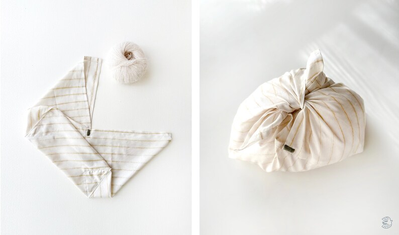 May include: Two-panel image showing a beige and white striped fabric, one unfolded and one tied into a bundle. A ball of beige yarn sits next to the unfolded fabric. The fabric is a reusable wrapping cloth.