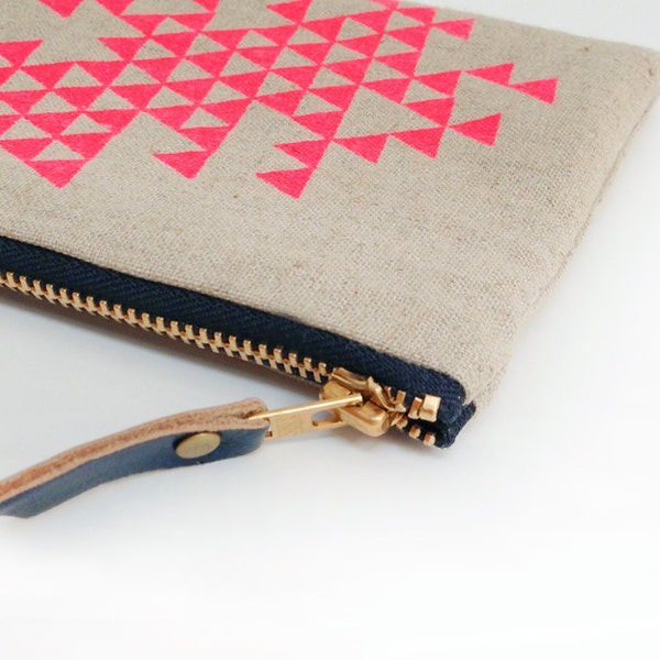 Linen zipper pouch, neon pink triangles, silkscreened, makeup bag