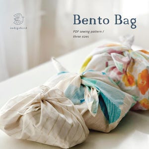May include: Three colorful Bento Bags, tied with knots, are displayed on a white surface. The bags feature floral and abstract patterns in shades of blue, orange, and green. The text "Bento Bag" and "PDF sewing pattern / three sizes" is visible.