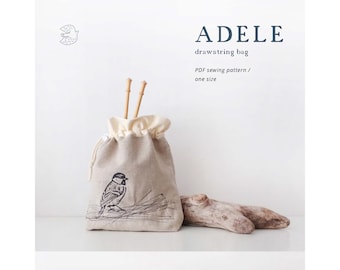 PATTERN, Drawstring Bag, Knitting Bag, PDF Sewing Pattern, Christmas Project Bag, Gift Bag, Sewing Tutorial, Adele drawstring bag