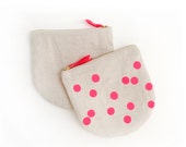 Small Linen Pouch, Neon Pink Polka Dot