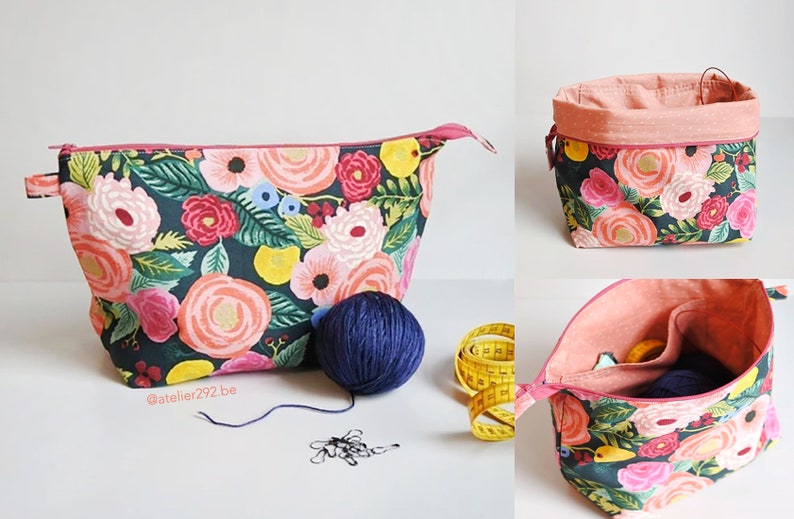 May include: Floral print fabric project bag with a zipper closure, a matching open-top basket, and a smaller open bag. The bags feature a dark background with pink, peach, yellow, and blue flowers. A ball of blue yarn and a yellow measuring tape are also present.