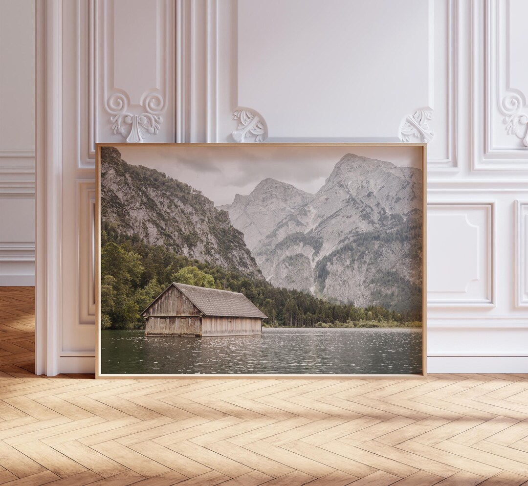 Alpine Lake Boathouse Print With Mountain Backdrop, Almsee Austria Wall ...