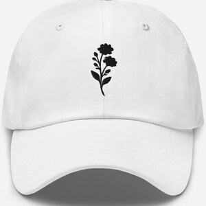 White baseball cap with Minimal Flower Embroidery, Black rose
