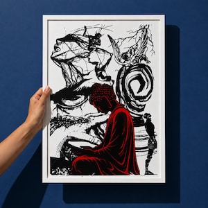 Könnte beinhalten: Ein gerahmter Kunstdruck mit einer schwarz-weißen Tuschezeichnung eines Profilgesichts und einer geflügelten Figur, kontrastiert durch eine markante, rot gekleidete Figur in sitzender Meditationshaltung auf weißem Grund.