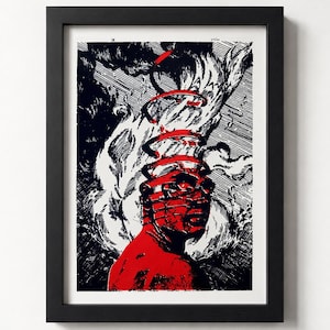 Könnte beinhalten: Ein gerahmter Kunstdruck mit einer kontrastreichen Holzschnitt-Illustration eines menschlichen Kopfes in Rot und Schwarz. Der Kopf ist als eine Reihe gestapelter horizontaler Segmente dargestellt, mit einem Spiralelement über den Flammen.