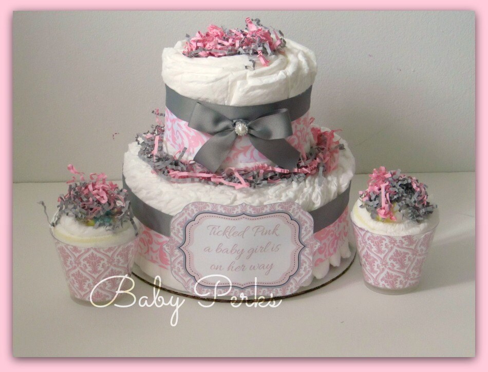 Pink Damask Diaper Cake Pink And Grey Baby Shower Baby Etsy