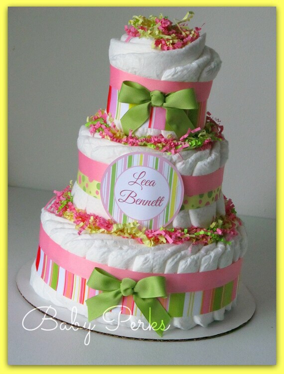 Pink Green Yellow Diaper Cake Cakes Baby Shower Image 0