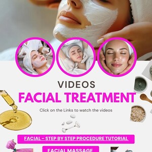 May include: Image promoting facial treatments, featuring close-ups of women undergoing procedures. The text reads "VIDEOS FACIAL TREATMENT" with links to tutorials on facial massage and dermaplaning. Additional elements include skincare products and tools.