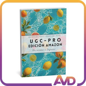 Puede incluir: Un libro titulado "UGC-PRO EDICIÓN AMAZON" con el texto "De reseñas a Ingresos". La portada presenta un fondo azul con limones, naranjas y limas flotantes. El libro es una guía sobre reventa en Amazon.