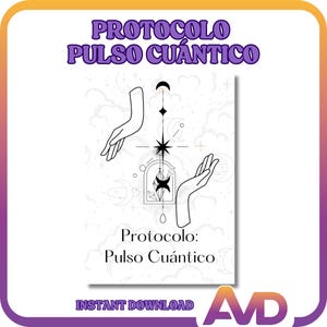 Puede incluir: Una tarjeta rectangular blanca con el texto "PROTOCOLO PULSO CUÁNTICO" en la parte superior y "Protocolo: Pulso Cuántico" en la parte inferior. El centro muestra una ilustración de líneas negras de dos manos, una luna creciente, estrellas y un arco geométrico.