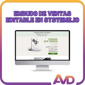 Puede incluir: Un monitor de computadora muestra un sitio web con el texto "CORREOS QUE VENDEN" y una portada de libro. La pantalla también muestra el texto "EMBUDO DE VENTAS EDITABLE EN SYSTEME.IO" y "50% OFF POR UNICA VEZ". El monitor es plateado y tiene un fondo blanco.