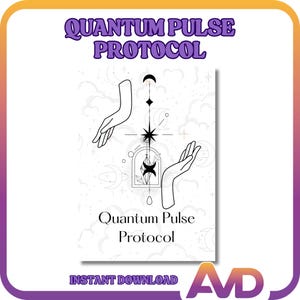 Puede incluir: Una impresión rectangular blanca con el texto Quantum Pulse Protocol en negro. El diseño incluye dos manos dibujadas con líneas que alcanzan un eje vertical central con una estrella, una luna creciente y un arco geométrico con cristales.