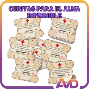 Puede incluir: Una colección de tarjetas con forma de tirita adhesiva beige que presentan un icono de cruz roja y versículos bíblicos en español. Cada tarjeta incluye un pequeño corazón rojo y un espacio en blanco para escribir. El texto superior dice CURITAS PARA EL ALMA IMPRIMIBLE.