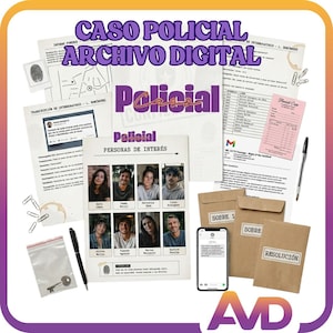 May include: A collection of crime scene investigation materials, including documents, envelopes, a smartphone, and a bag with a key. The text "CASO POLICIAL ARCHIVO DIGITAL" is visible, along with "PERSONAS DE INTERÉS".