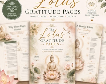 Op de afbeelding: Het "The Lotus Gratitude Pages"-dagboek met een Boeddha-illustratie, lotusbloemen en de tekst "Gratitude, Reflection, Growth". Inclusief "Printable Journal PDF Instant Download".