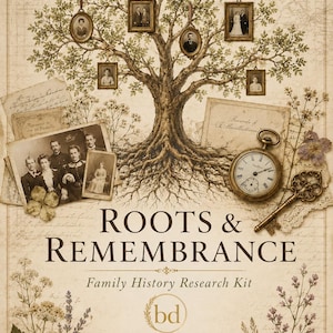 May include: A beige poster titled ROOTS & REMEMBRANCE Family History Research Kit featuring a central tree with hanging vintage portrait frames, scattered sepia photographs, a gold pocket watch, a decorative key, and pressed floral illustrations.