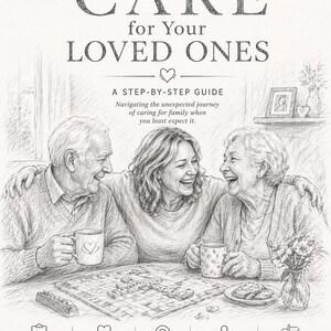 May include: A pencil sketch illustration of a book cover titled "HOW TO CARE for Your LOVED ONES". The cover features three people smiling and hugging. The book is a step-by-step guide for caring for family. The author's name is Pippa Mary Coward.