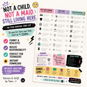 May include: A white and purple teen survival jobs list with the text "Not a Child. Not a Maid. Still Living Here." The list includes daily tasks, quick wins, and legend mode missions. It also has a bonus level and payment options.