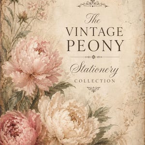 May include: Vintage-style stationery collection featuring peony flowers in shades of pink and cream. The image has a distressed, aged paper background with the text "The Vintage Peony Stationery Collection."