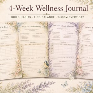 Könnte beinhalten: Ein 4-Wochen-Wellness-Journal mit floralen Illustrationen. Die Seiten des Journals sind geöffnet und zeigen Abschnitte zur Verfolgung von Gewohnheiten und zum Finden von Ausgeglichenheit. Auf dem Cover steht "4-Week Wellness Journal" mit dem Text "Build Habits, Find Balance, Bloom Every Day".