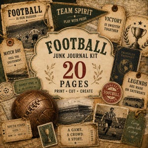 May include: A football junk journal kit featuring 20 pages with vintage-style graphics, including a brown leather ball, stadium photos, ticket stubs, and tags with text like Football Is Our Passion, Team Spirit, and Legends Are Made On Saturdays.