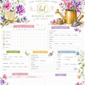 Könnte beinhalten: Ein Pflanzleitfaden mit Blumenmotiven, Aquarellillustrationen von rosa und violetten Duftwicken, einer goldenen Gießkanne und einer Handschaufel. Das Dokument enthält Abschnitte für einen Pflanzkalender, Pflanzeninformationen und Wachstumstracker.
