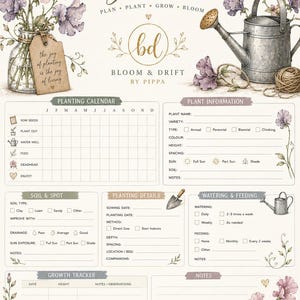 Könnte beinhalten: Ein cremefarbenes Pflanzanleitungsblatt mit Blumenillustrationen von Duftwicken, einer Metallgießkanne und einer Glasvase. Das Dokument enthält Abschnitte für einen Pflanzkalender, Pflanzeninformationen, Bodendetails und einen Wachstumstracker.