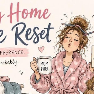 May include: Illustration with text "The Cosy Home Rescue Reset". A woman in a pink robe holds a mug labeled "MUM FUEL". A dog sits nearby. The image includes the text "TINY TASKS. BIG DIFFERENCE." and "You've got this... probably."