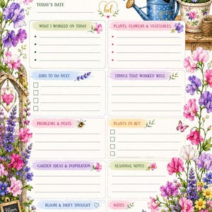 Könnte beinhalten: Eine Gardening Notes Planerseite mit floralen Rändern aus rosa und violetten Duftwicken. Das Layout enthält Abschnitte für tägliche Aufgaben, Pflanzen, Schädlinge und Ideen, illustriert mit einer blauen Gießkanne, Handschuhen und einer Schaufel.