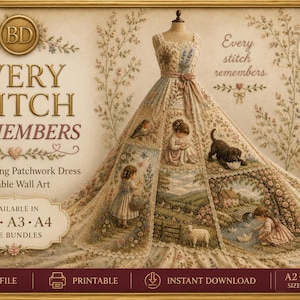 Può includere: Un poster artistico da parete stampabile che mostra un abito su un manichino con un design patchwork. L'abito presenta scene con bambini, un cane, una pecora e un paesaggio. Il testo include "EVERY STITCH REMEMBERS", "A Storytelling Patchwork Dress" e "A2 A3 A4".