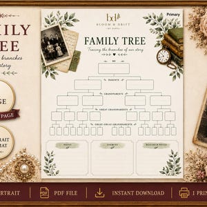 Family Tree Printable | Ancestry Chart | Genealogy Worksheet | Family History Printable | Heritage Keepsake | Ancestor Tracker | Digital Dow