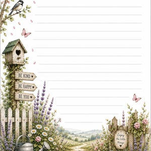 May include: A watercolour illustration of a lined paper with a garden theme. It features a bird, butterflies, a birdhouse, and a sign that says "BE KIND, BE HAPPY, BE YOU." A watering can and a path lead to a distant landscape.