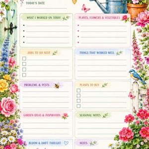 Könnte beinhalten: Eine Gartenplaner-Seite mit dem Titel Gardening Notes mit Abschnitten für Datum, Aufgaben, Pflanzen und Beobachtungen. Der Rand zeigt bunte Illustrationen von Rosen, Gänseblümchen, einer blauen Gießkanne, einem Vogel und Gartenhandschuhen.